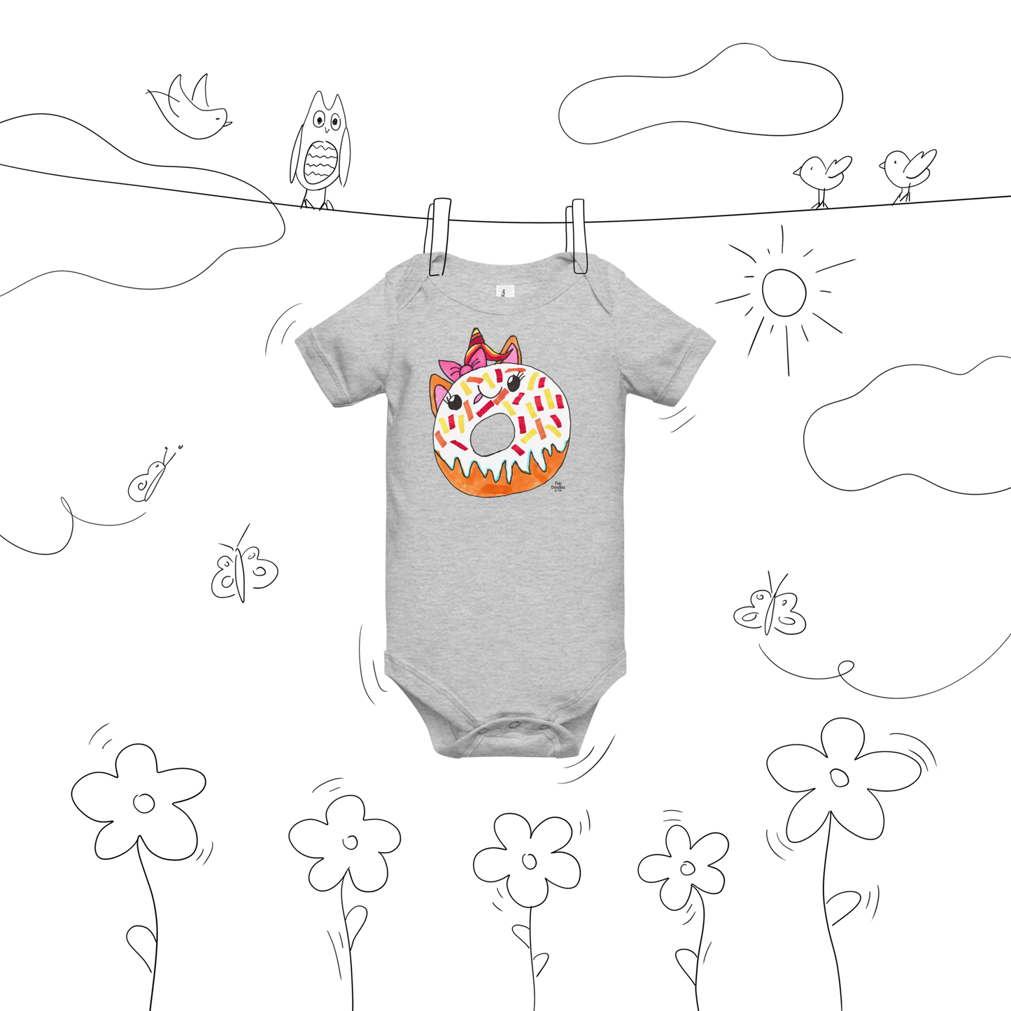 Baby | Unicorn Donut Cat T-Shirt | Rainbow Sprinkle Doodle Graphic Tee | FunDoodlesbyMila