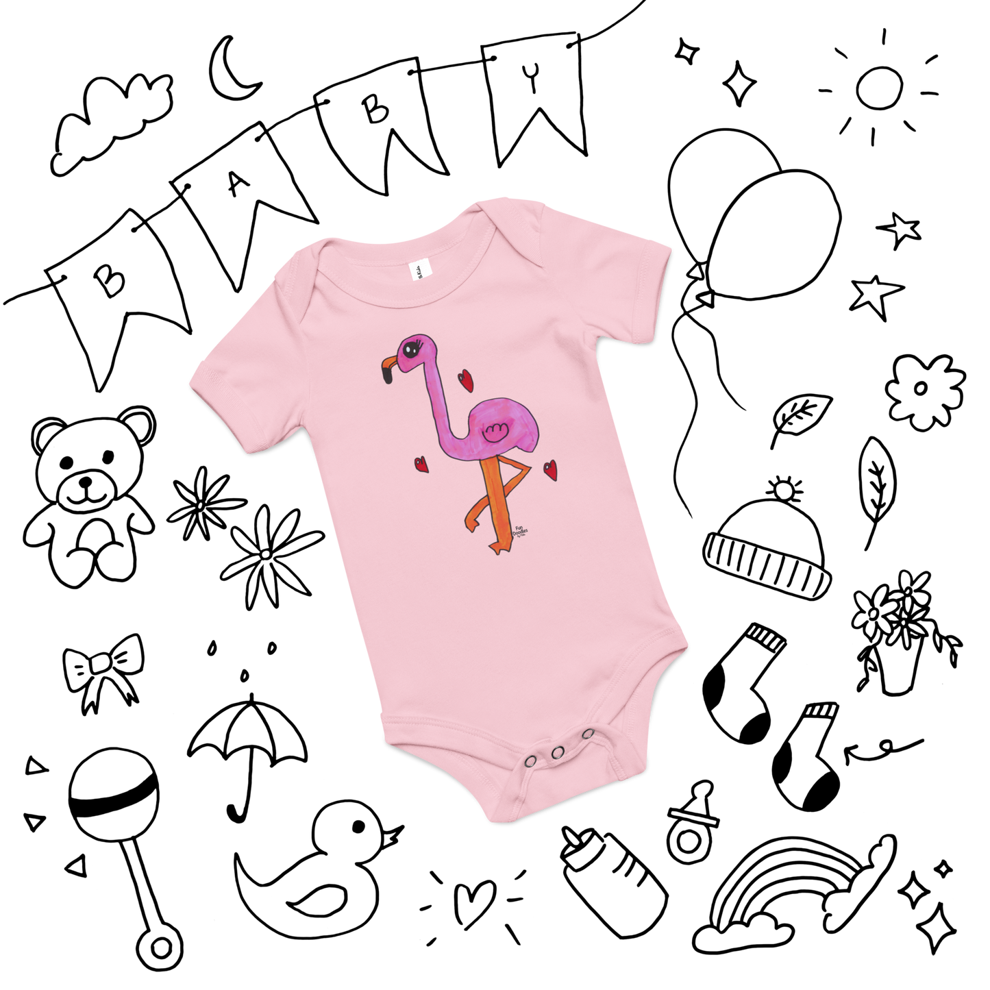 Baby | Pink Flamingo T-Shirt | Flamingo with Hearts Doodle Graphic Tee | FunDoodlesbyMila