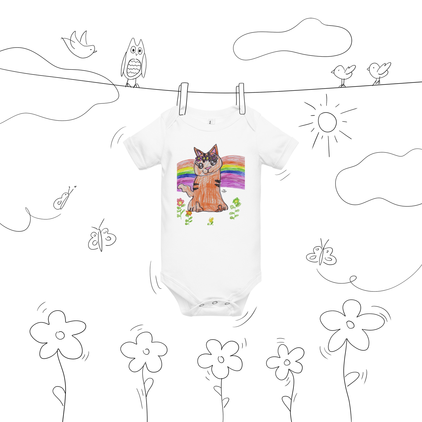 Baby | Flower Crown Cat T-Shirt | Rainbow Kitty Doodle Graphic Tee | FunDoodlesbyMila