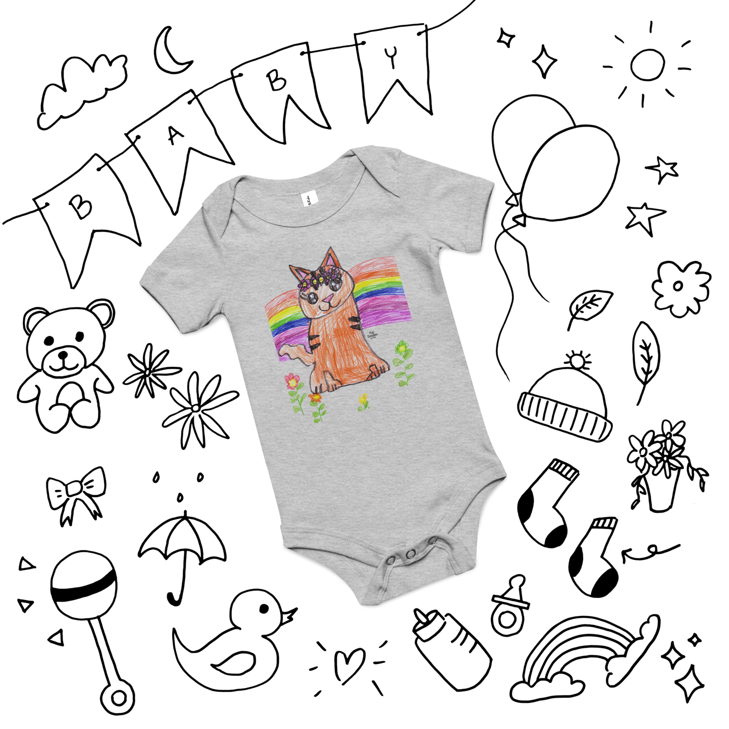 Baby | Flower Crown Cat T-Shirt | Rainbow Kitty Doodle Graphic Tee | FunDoodlesbyMila