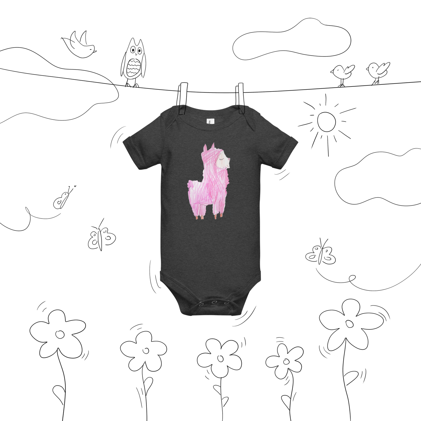 Baby | Pink Fluffy Alpaca T-Shirt | Adorable Alpaca Doodle Graphic Tee | FunDoodlesbyMila
