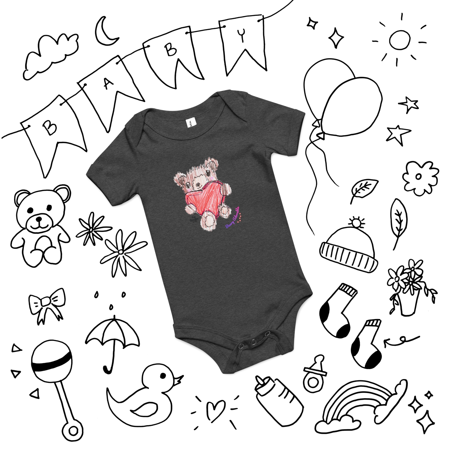 Baby | Teddy Bear Hugging Heart T-Shirt | Kid Drawn Love Graphic Tee | FunDoodlesbyMila