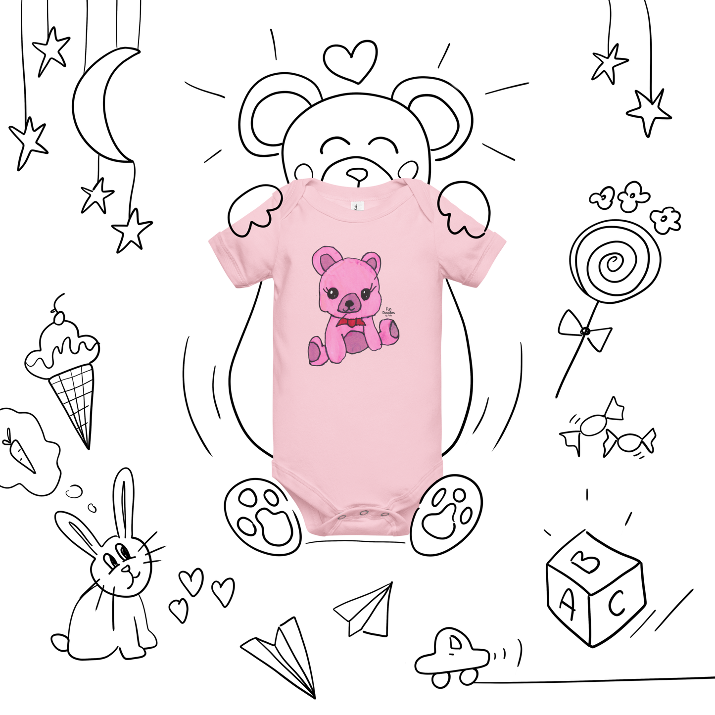 Baby | Pink Teddy Bear T-Shirt | Adorable Bow Bear Kid Drawn Graphic Tee | FunDoodlesbyMila