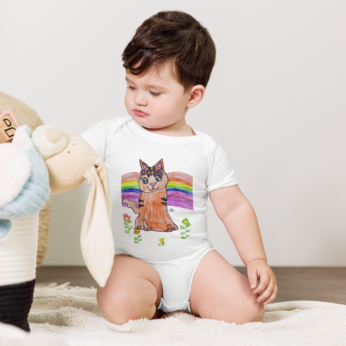 Baby | Flower Crown Cat T-Shirt | Rainbow Kitty Doodle Graphic Tee | FunDoodlesbyMila
