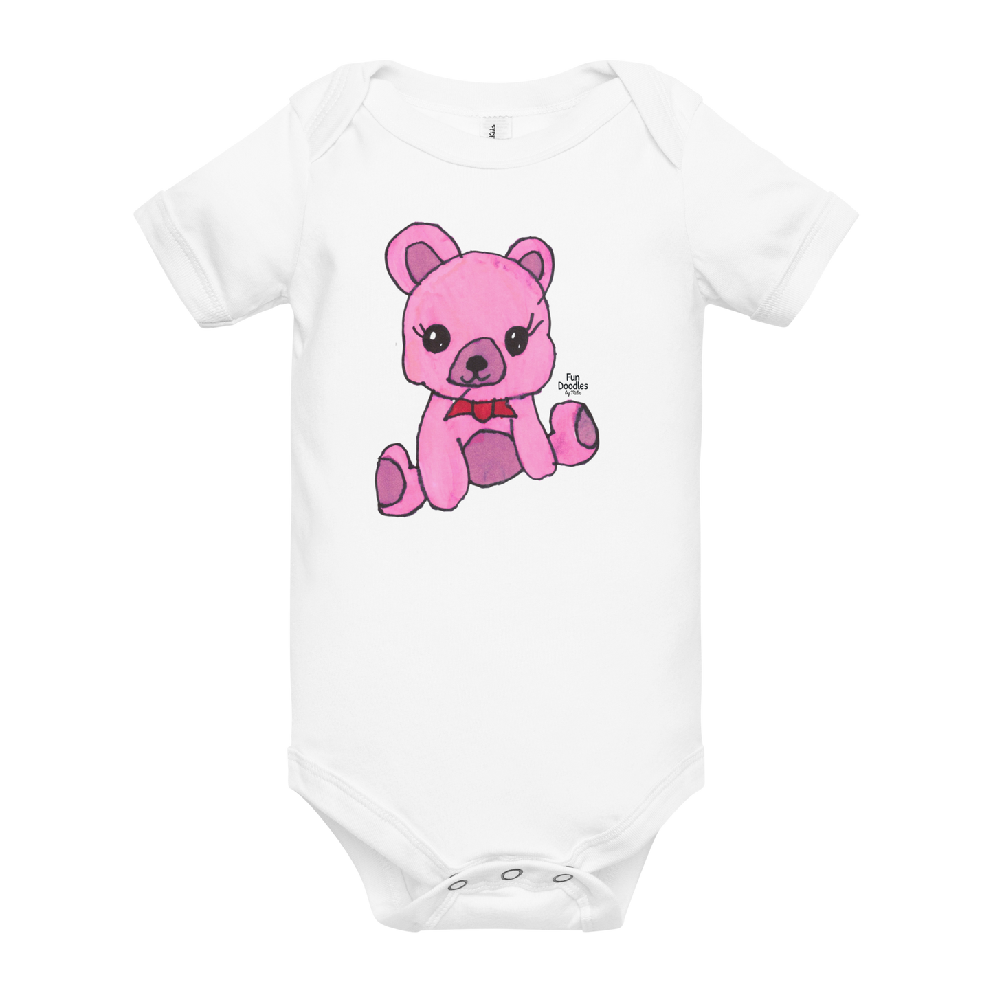 Baby | Pink Teddy Bear T-Shirt | Adorable Bow Bear Kid Drawn Graphic Tee | FunDoodlesbyMila
