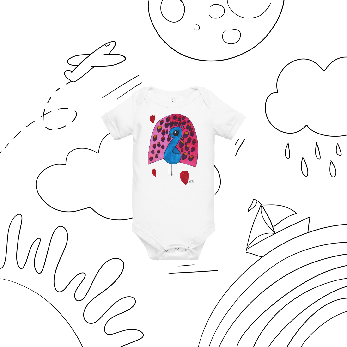 Baby | Blue Peacock T-Shirt | Vibrant Feather Doodle Graphic Tee | FunDoodlesbyMila