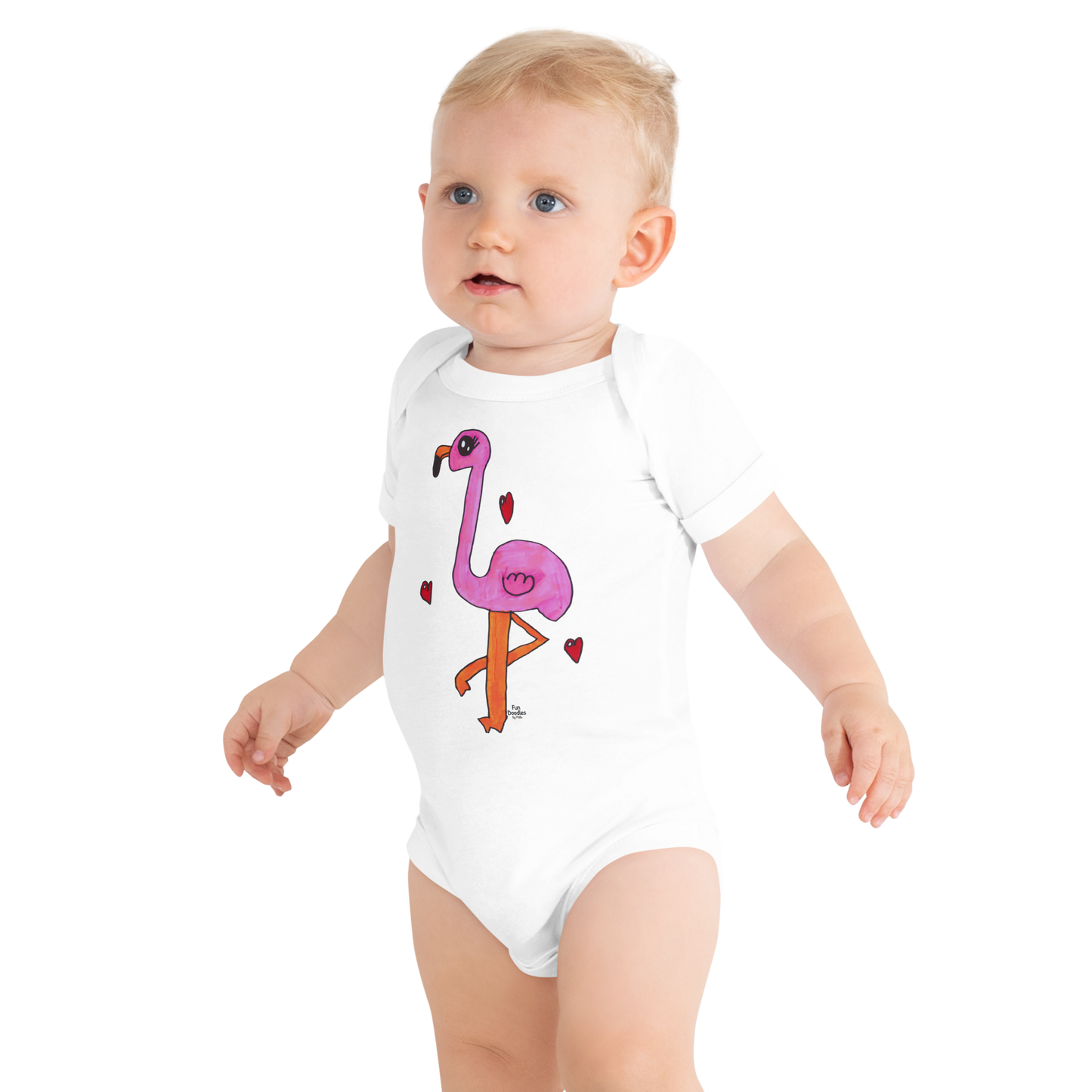 Baby | Pink Flamingo T-Shirt | Flamingo with Hearts Doodle Graphic Tee | FunDoodlesbyMila